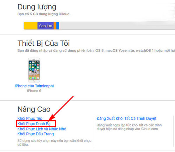 Chọn khôi phục iCloud