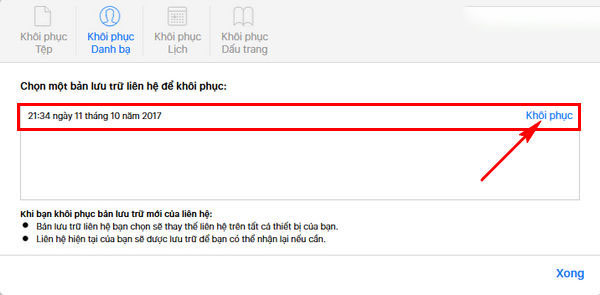Chọn khôi phục danh bạ