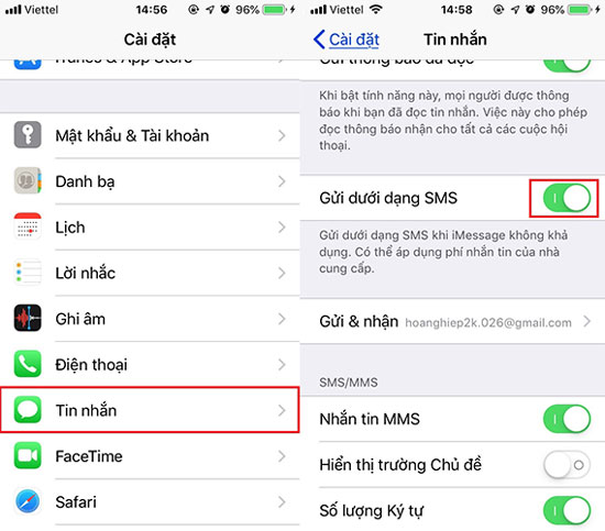 iPhone không gửi được tin nhắn do chưa bật SMS