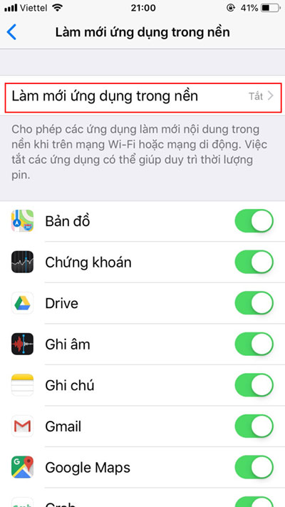 Tắt làm mới ứng dụng trong nền - 2