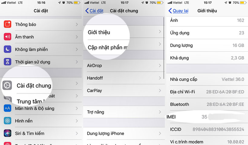 Xem số IMEI trong phần cài đặt